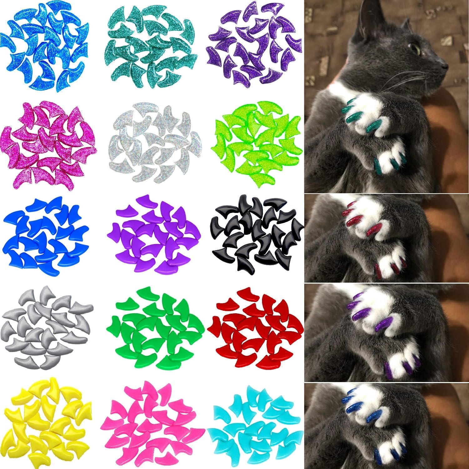 VICTHY 160pcs(16 Colors) Cat Nail Caps Cat Claw Caps Cat Nail Covers with Adhesives and Applicators (Large)