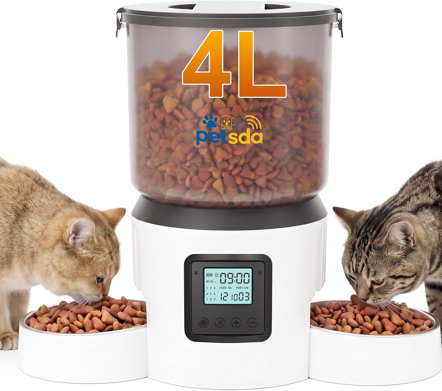 Automatic Cat Feeder for 2 Cats 4L Timed Cat Dry Food Dispenser Double Bowl Auto Pet Feeder and Small Dogs Dual Power Supply 9 Meals Programmable 1-15 Portion Per Day with Stainless Bowl Easy Clean