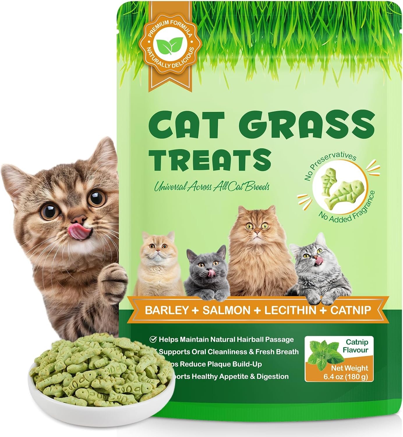 Cat Grass Treats 180g (6.35oz), Catnip Treats for Cats – Hairball Aid & Dental Care Snacks, Natural Fiber for Digestion, Crunchy Teeth Cleaning, No Artificial Additives, All Life Stages