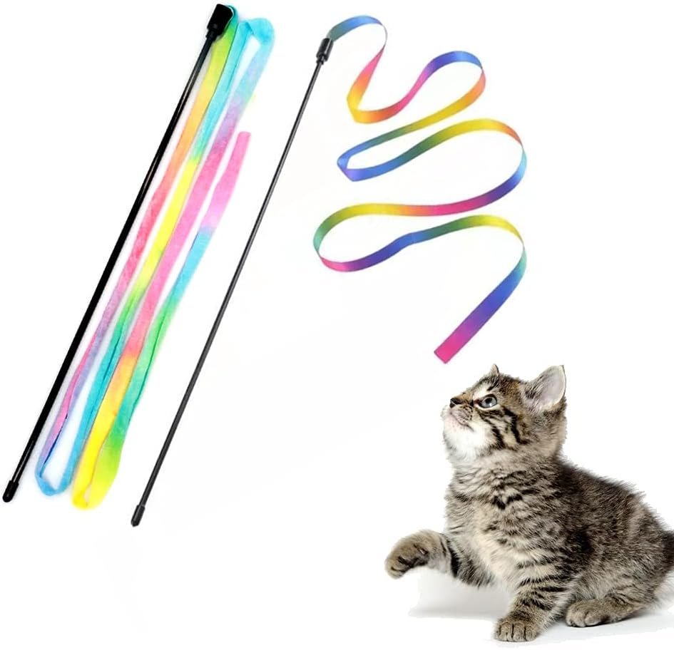 LASOCUHOO Interactive Cat Wand Toys Interactive Cat Teaser Wand String Ribbon Rainbow Charmer for Cats and Kittens – 2 Packs