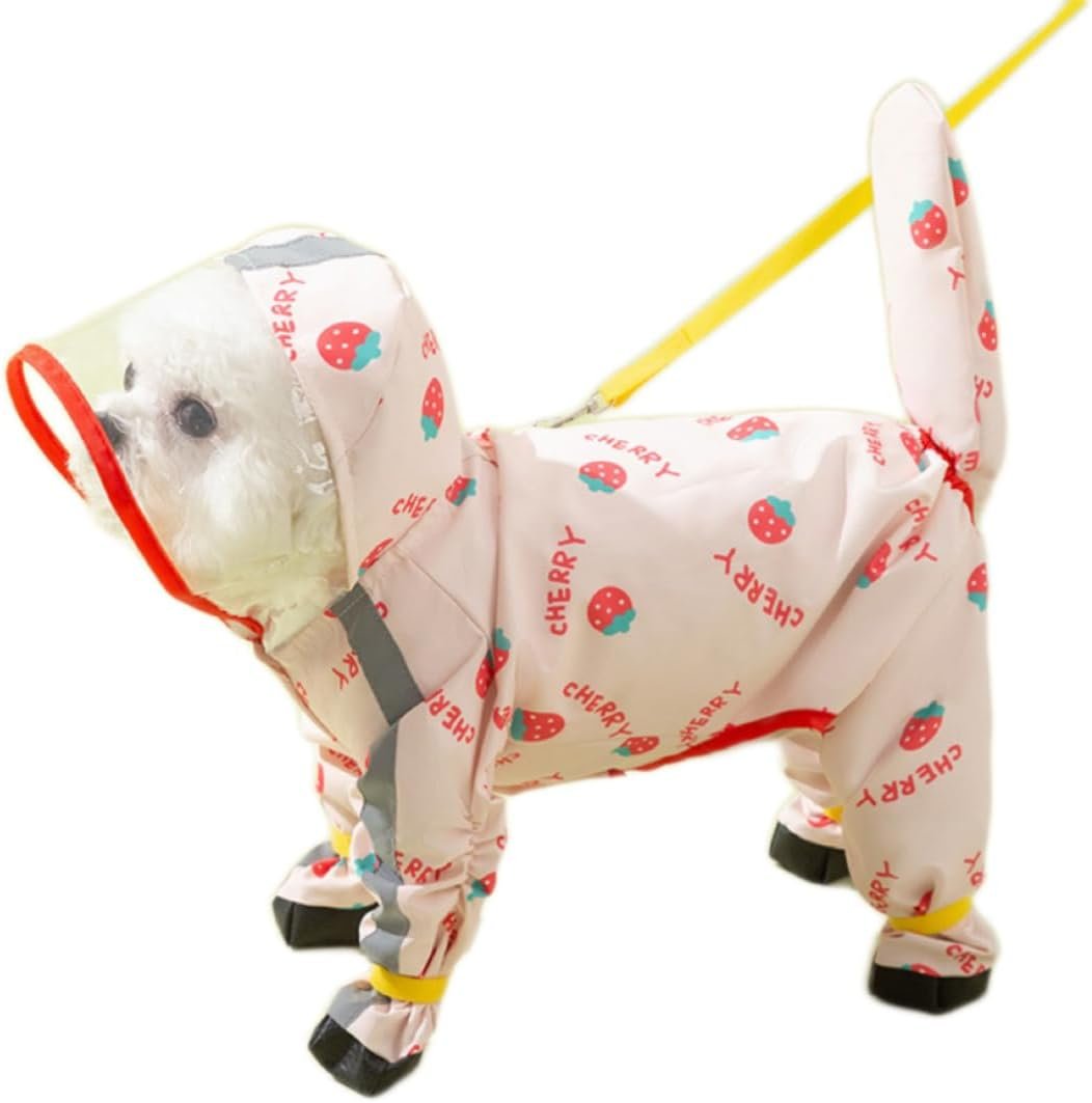 Waterproof Dog Raincoat,Full Coverage 4 Legs Dog Rain Jacket for Small Dogs,Pet Rain Coat with Hood,Reflective Strips&Leash Hole Outdoor Raincoat (Medium（for Weight 5.1-8.1 lb）, Strawberry)