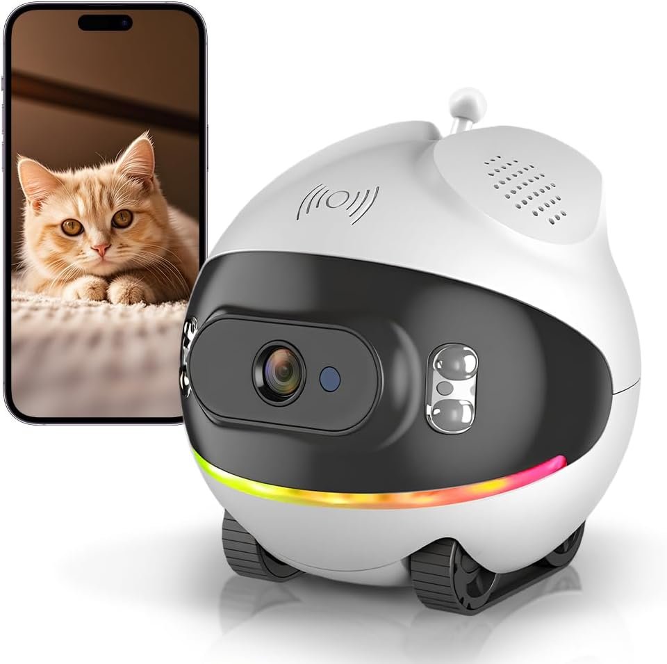 Pet Camera Robot with Cat Teaser: Battery-Operated, Movable with Phone App, 2-Way Talk, Video/Photo, Night Vision