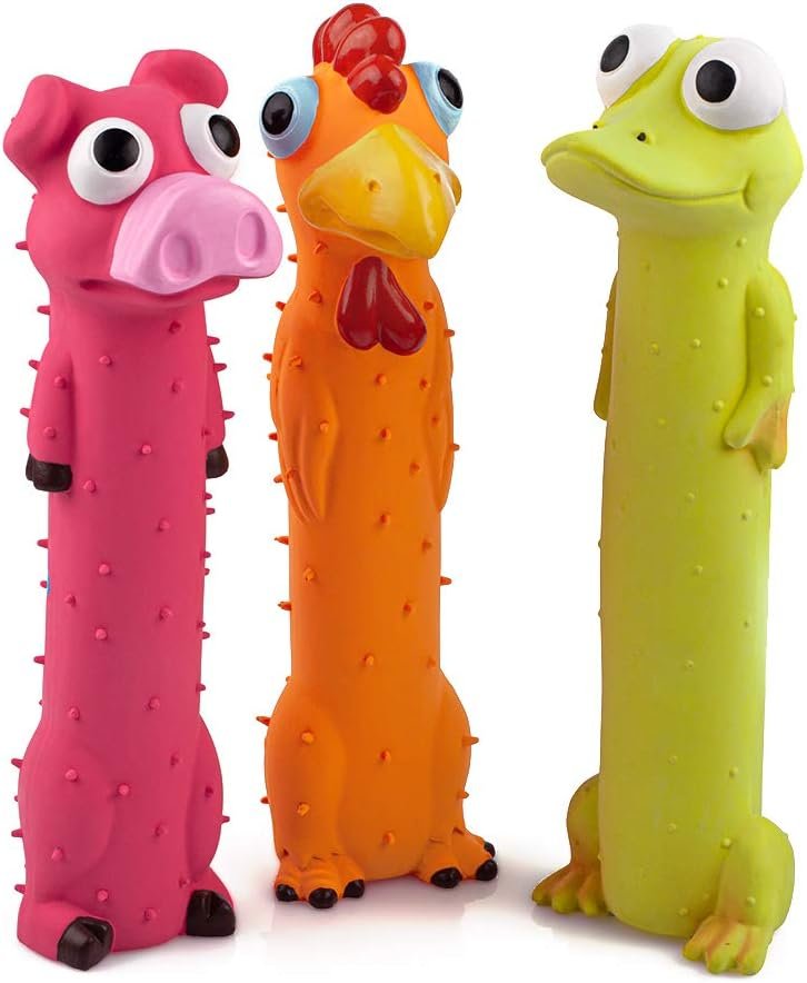 CHIWAVA 3PCS 9″ Squeaky Latex Dog Toy Standing Stick Animal for Medium Dogs