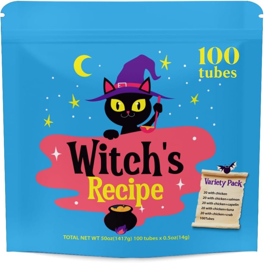 Witch’s Recipe Lickable Cat Treats, Creamy Squeezable Puree, Grain-Free, 100 Tubes, Chicken Tuna Salmon goatmilk Capelin Flavors 0.5oz Each Tube