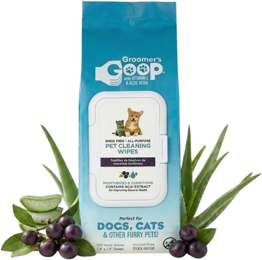 Groomer’s Goop Pet Cleaning Wipes – Gentle, Alcohol-Free Formula with Acai Extract for Dogs & Cats, Safely Cleans & Deodorizes Fur, Supports Skin Health, Great for Puppies & Kittens – 100 Count Pack