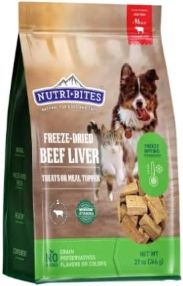 Nutri Bites Freeze Dried Beef Liver Dog & Cat Treats, Single Ingredient, 27 Ounce Bag (2 Pack)