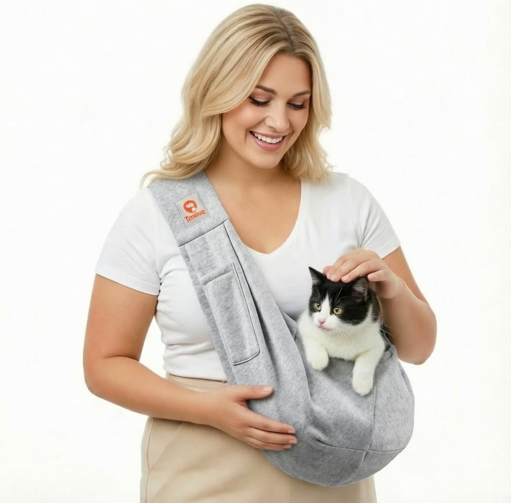Tomkas Small Dog Cat Sling Carrier Puppy Purse Travel Wrap Soft Crossbody Pet Bag (Gray, M – Classic Pocket & Classic Strap)
