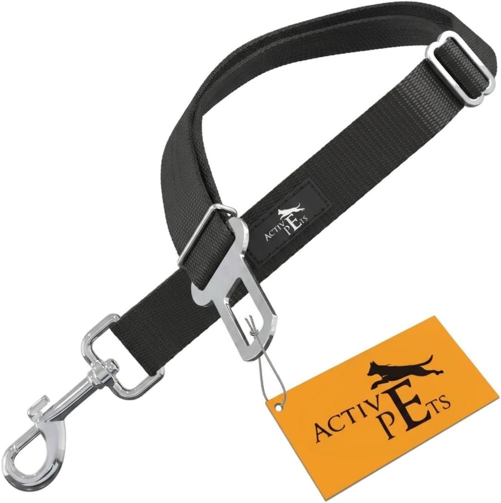 Active Pets Black Car Seat Belt for Dogs, Attaches to Harness & Collar, Adjustable 18″ – 24″ Travel Restraint System Fits Small – Large Pups for Safety & Comfort, Essential Pet Supplies & Accessories