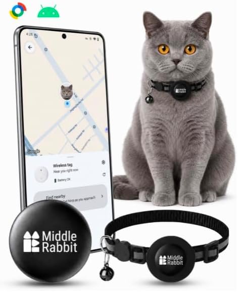 GPS Cat Tracker Collar for Android, Works with Google Find Hub, No Monthly Fee, Pet Tracking Tag for Cats with Lightweight Collar Included