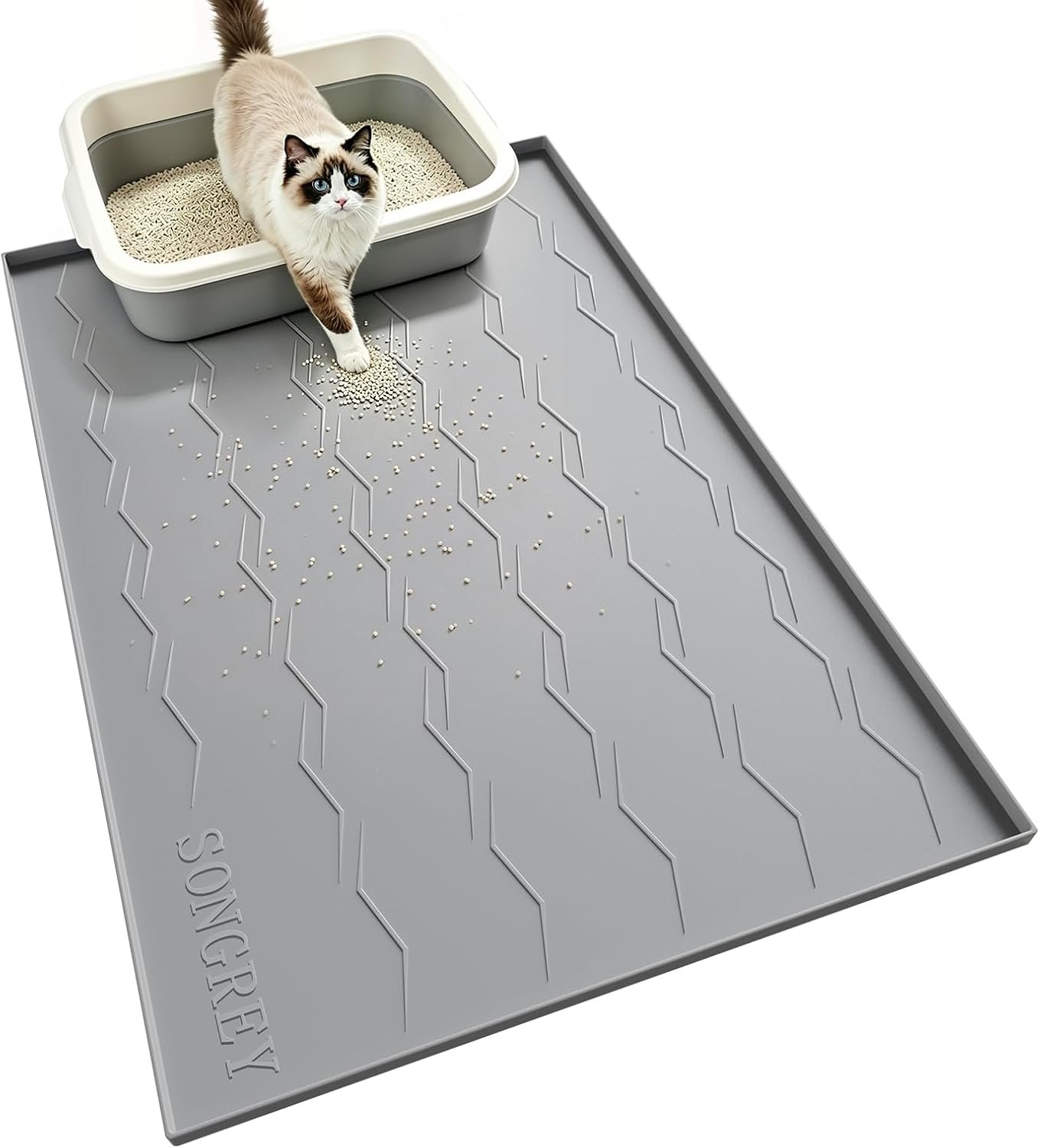 Songrey Silicone Cat Litter Mat 34″ x 22″, Large Litter Trapping Mat, Gray