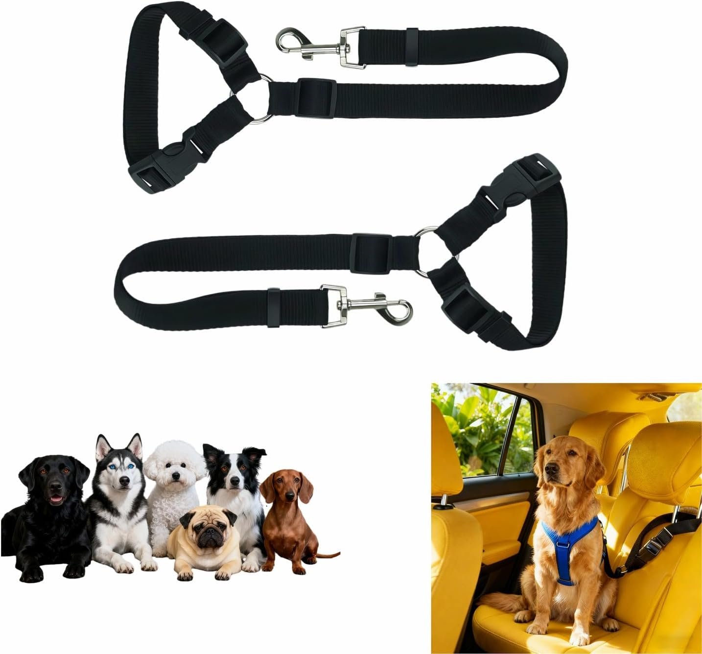 2-in-1 Car Seat Belt for Dogs, Headrest Dog Safety Harness & Leash – Adjustable Nylon Vehicle Pet Restraint, Tangle-Free Travel Solution for Small to Medium Dogs, 2-Pack