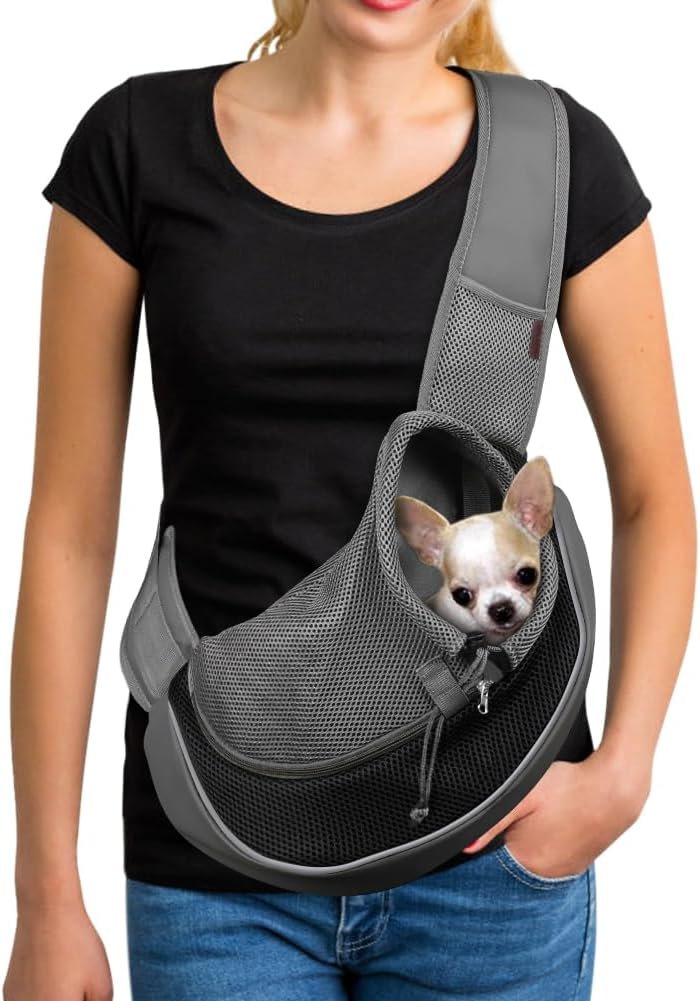 YUDODO Pet Sling Carrier for Small Dogs Cats Puppy Crossbody Bag Carrier | Hands-Free, Safety Hook, Large Zipper Pocket, Soft Breathable Mesh, Adjustable Strap, Reflective Strip, Black, S