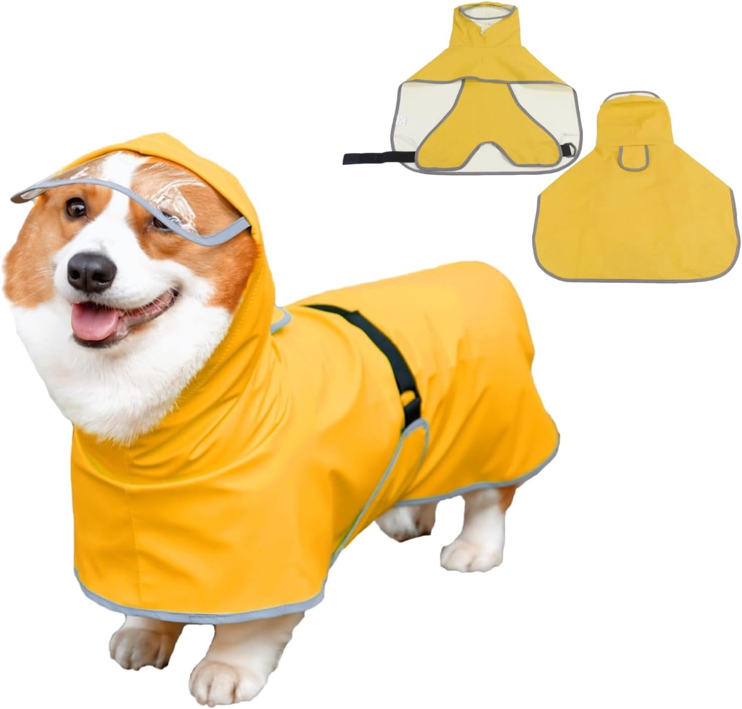 Dog Poncho Hooded Raincoat for Puppies & Small to Large Dogs, Reflective Strips for Night Safety, Lightweight & Adjustable Fit (Small Plus, Yellow)