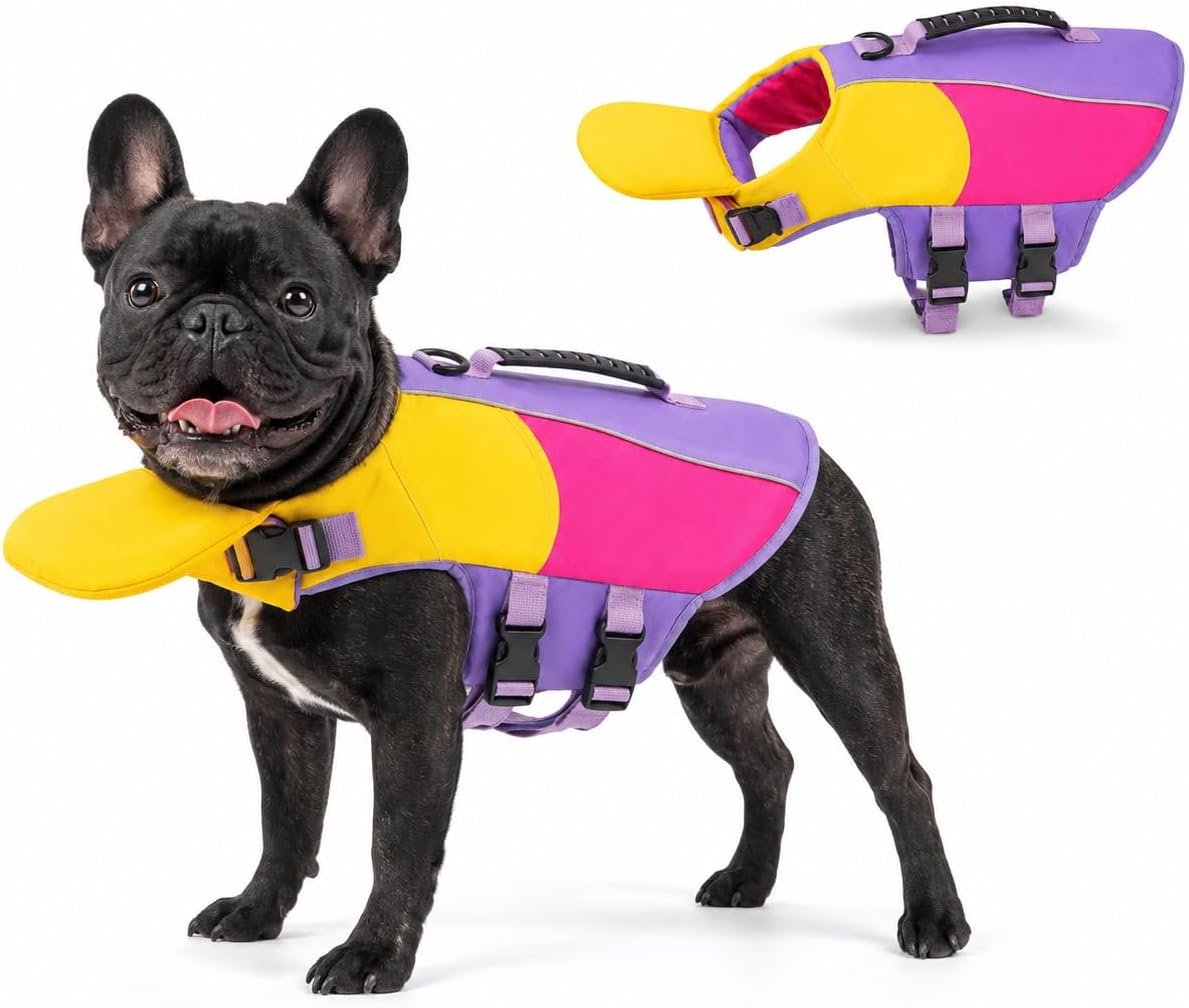 Dog Life Jacket with Chin Float, Adjustable Dog Life Vest with Chin Support, Rescue Handle, Leash D-Ring and Quick-Release Buckles for Swimming, Boating and Pool