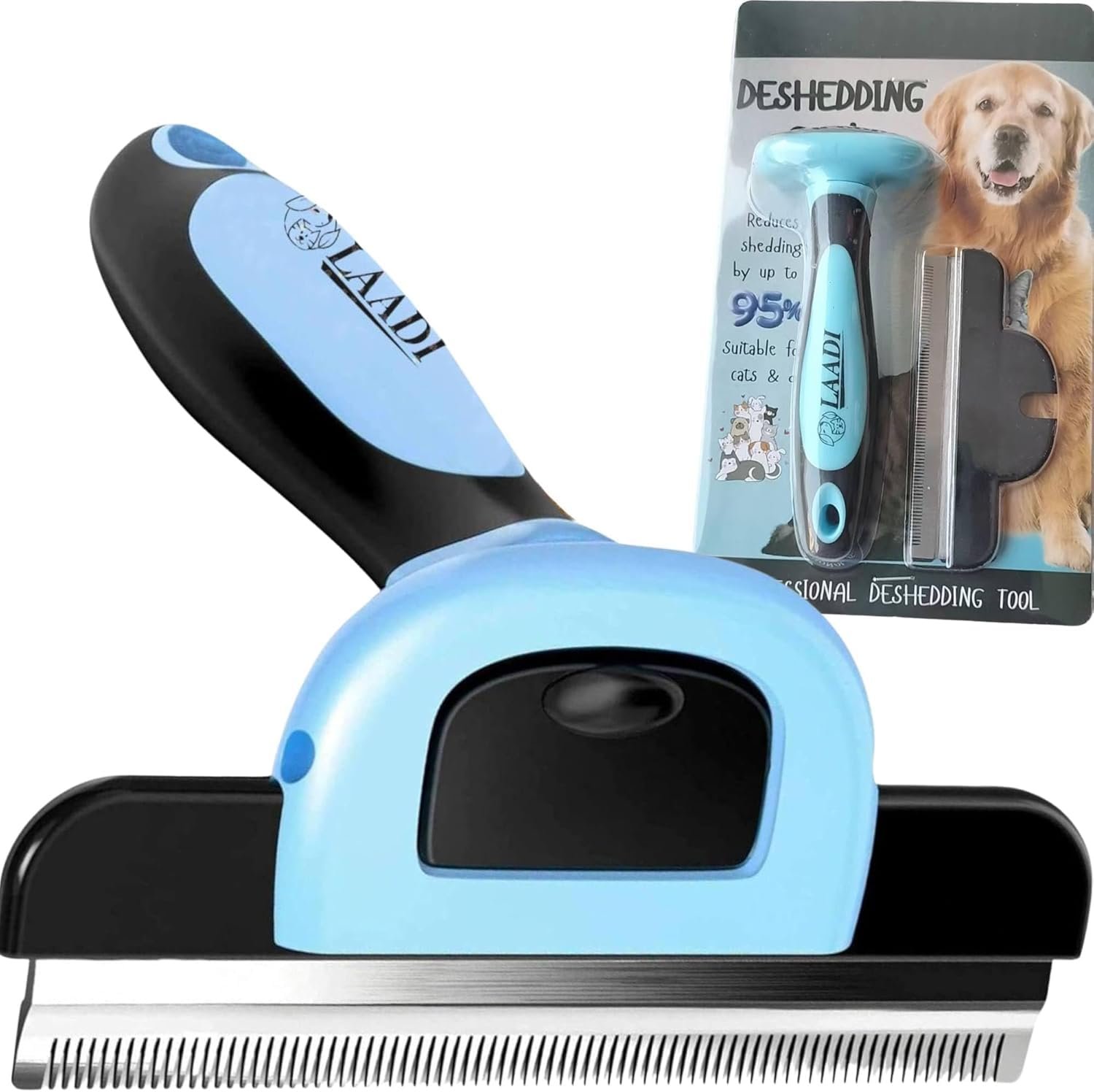 LAADI Deshedding Tool for Dogs and Cats – Reduces Shedding by Up to 95% in Less Than 10 Minutes – Professional Grooming Brush for All Hair Types – Ergonomic Design and Skin Massage Needles – Blue