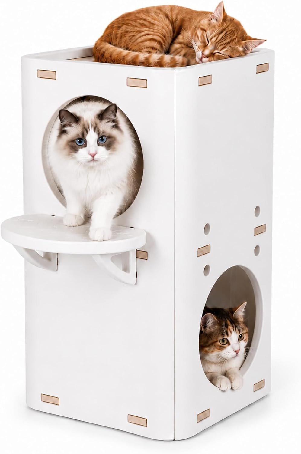 2-Storey Cat House Tower, Waterproof HDPE Plastic Cat Condo with External Jumping Platform & Dual Hideaway Caves, Easy to Assemble & Clean, Sturdy Indoor Outdoor Patio Shelter Furniture for Small Cats