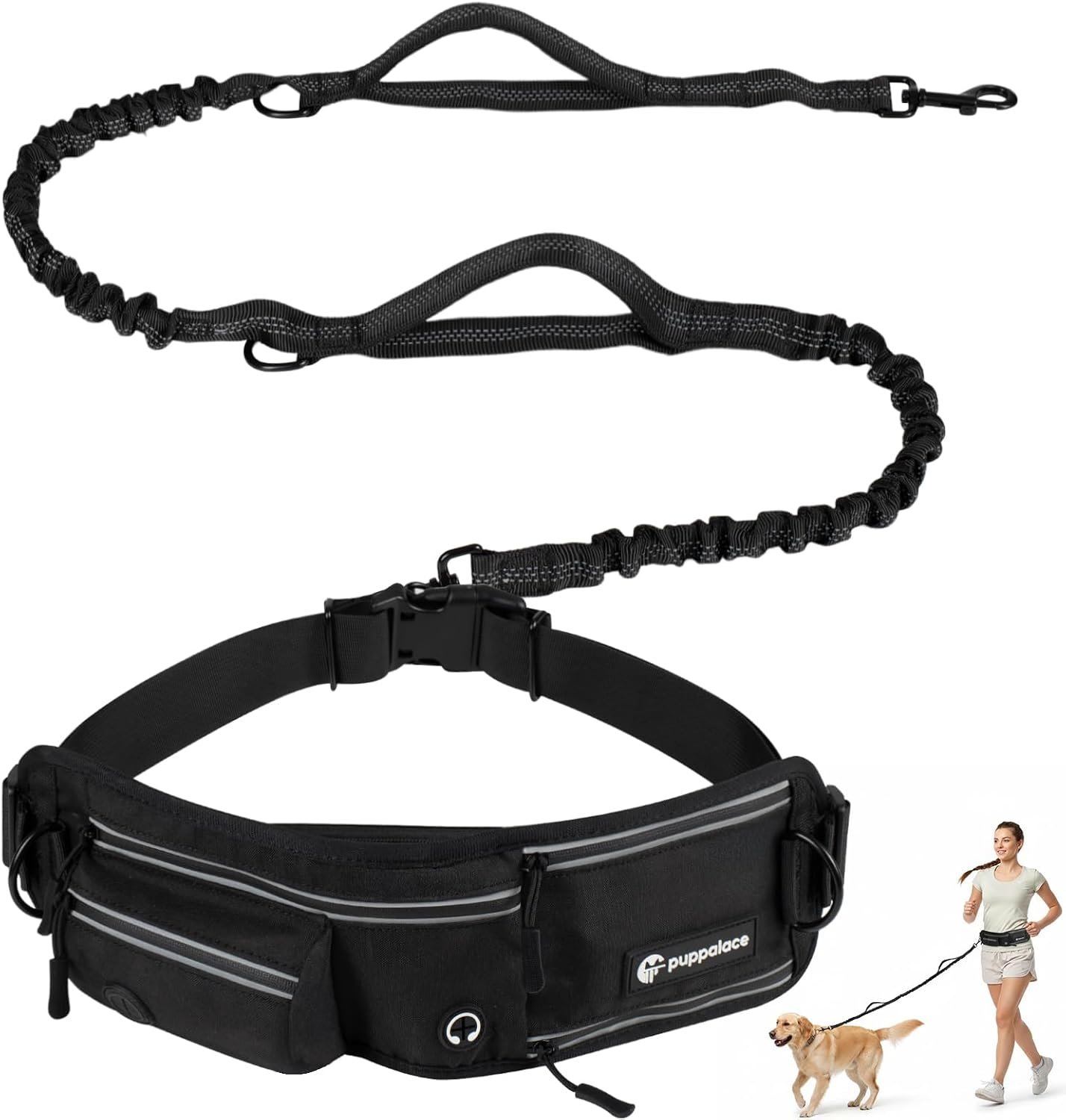 Hands Free Dog Leash with Waist Pack Bungee for Running Black | 4 Metal Clips, Reflective Stitching, Shock Absorbing Bungee, Adjustable Waist Belt, 28 to 48 Inch Fit, Zippered Pockets