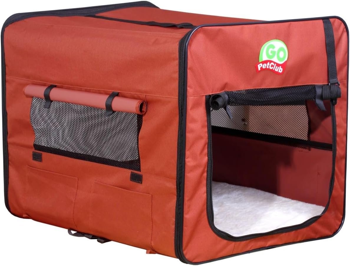 Go Pet Club 32″ Soft Collapsible Dog Crate, Portable Pet Carrier, Thick Padded Pet Travel Crate for Indoor & Outdoor, Foldable Kennel Cage with Durable Mesh Windows, Brown