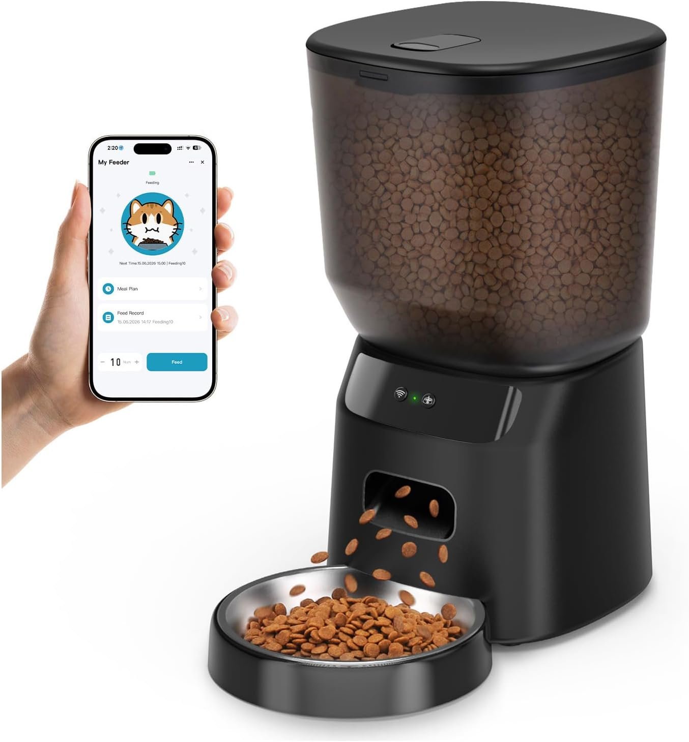 Automatic Cat Feeder WiFi, 5L Pet Feeder with App Control, 10 Meals Daily, 20 Portion Sizes, Timed Automatic Cat Food Dispenser, Stainless Steel Bowl, Dual Power Supply, Dry Food Feeder for Cats