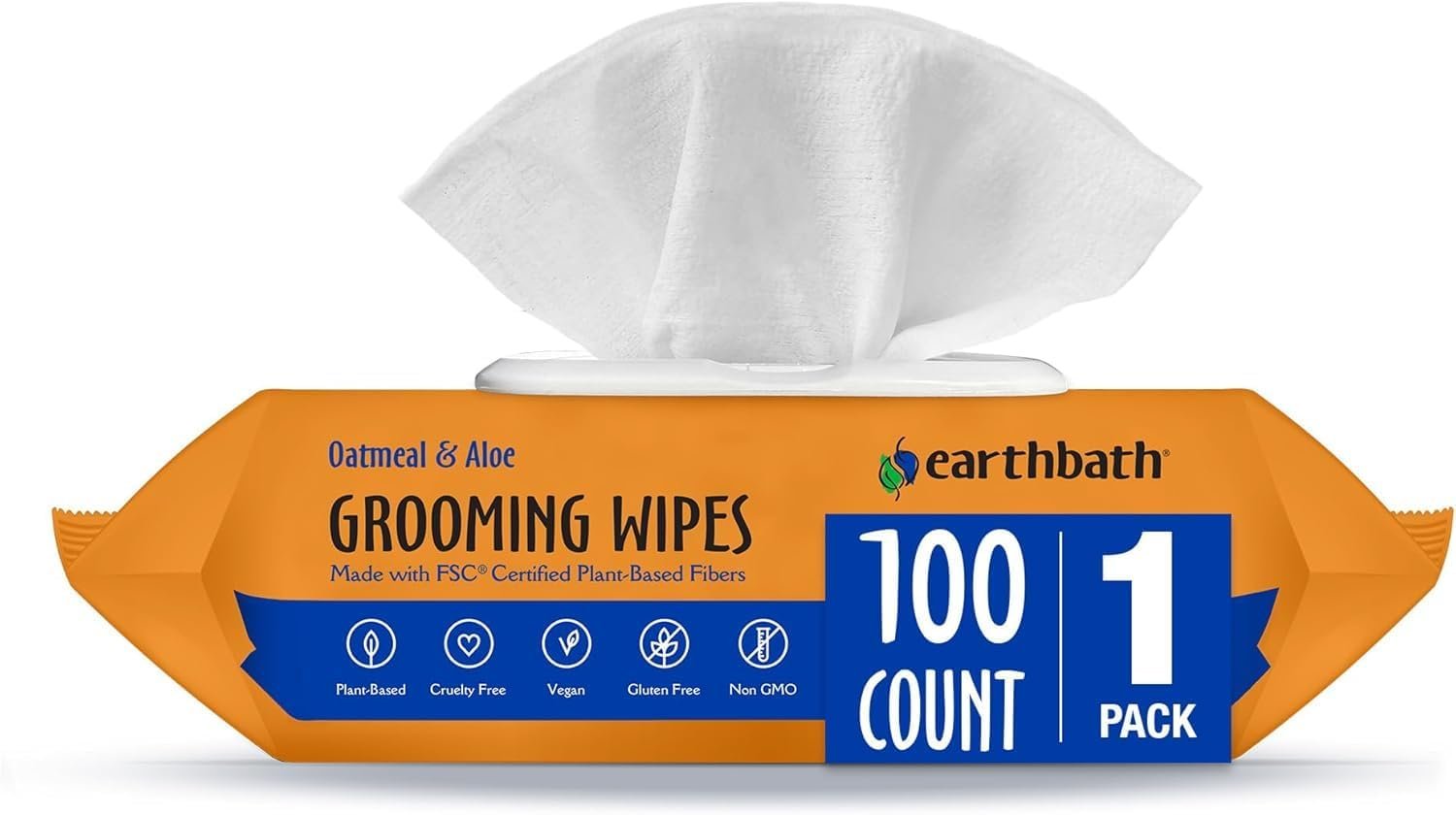 earthbath Oatmeal & Aloe Grooming Wipes, Vanilla & Almond – 100 Ct, 1 Pack