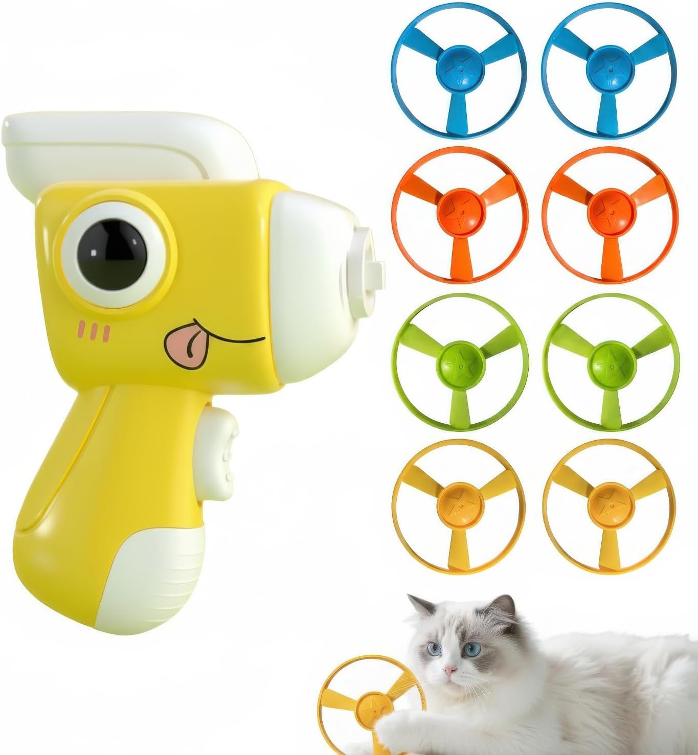 Interactive Cat Toy for Indoor Cats – Cat Fetch Toy Launcher with 8 Colorful Flying Discs, One-Press Exercise Toy for Chasing & Hunting, Fun Kitten Toy for Adult Cats, Yellow
