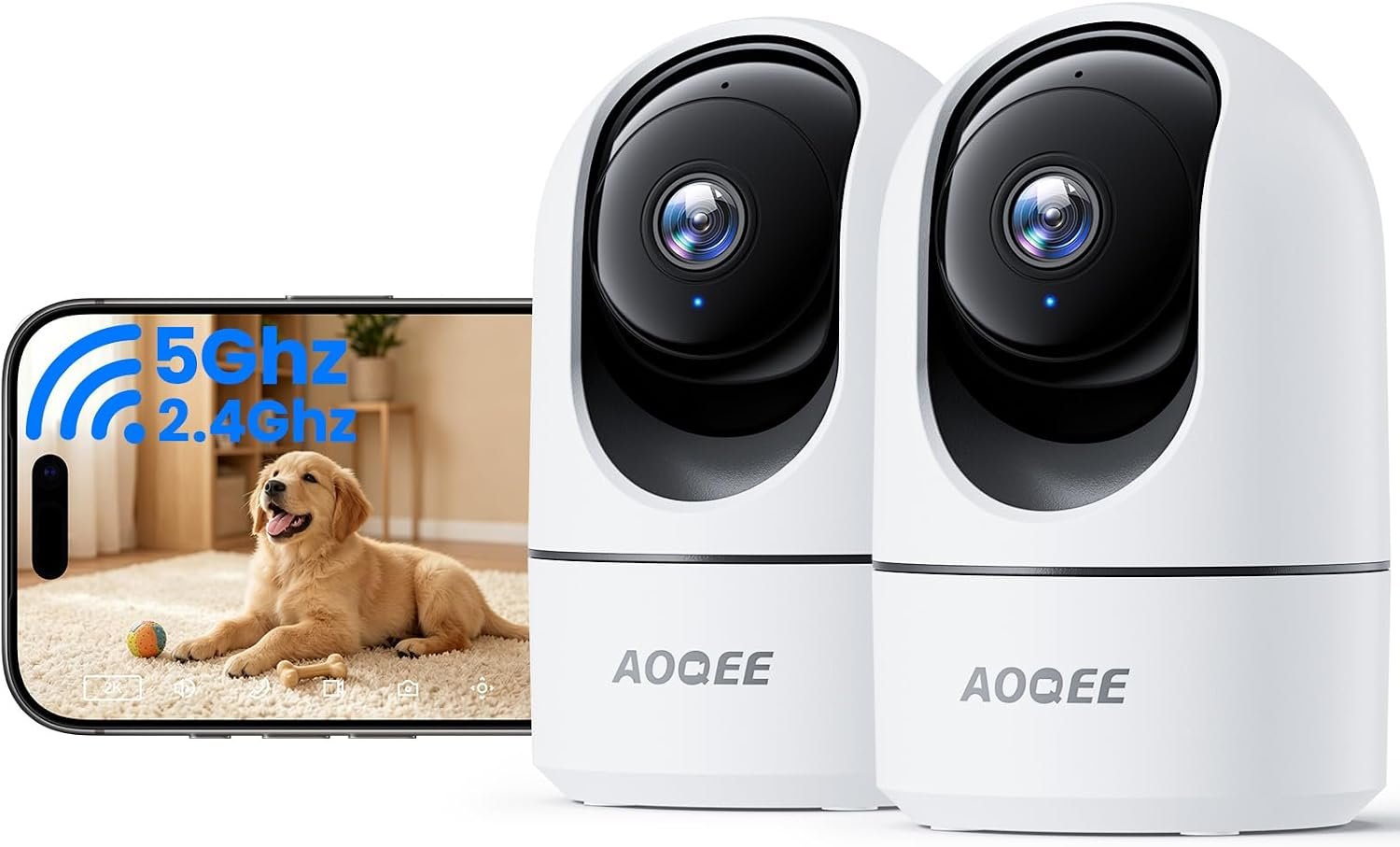AOQEE 5G Cameras for Home Security Indoor, Pet Monitor w/Phone APP G5 2Pcs | Dual-Band Wi-Fi Indoor Camera with 24/7 TF Card Storage, 360 PTZ Auto-Tracking Pet/Dog/Cat/Puppy/Nanny, Motion Alert, Plug-in