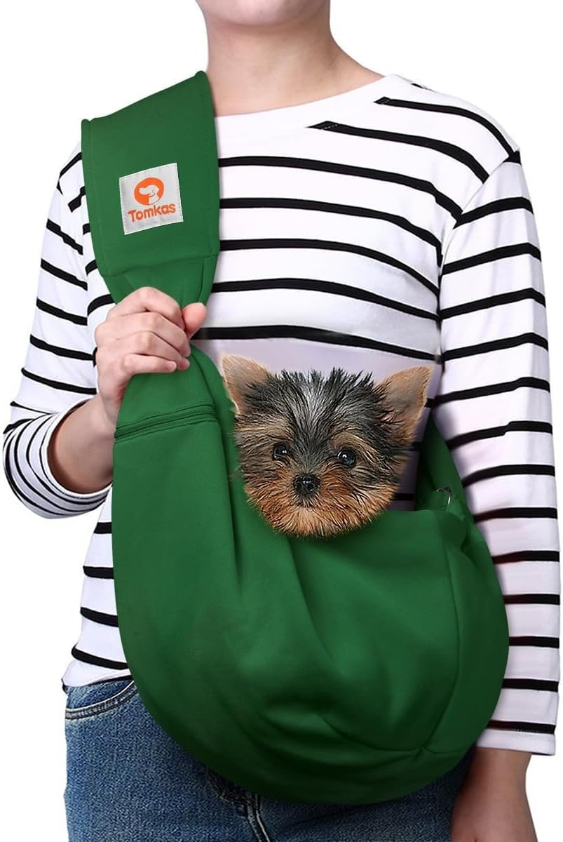 Tomkas Small Dog Cat Sling Carrier Puppy Purse Travel Wrap Soft Crossbody Pet Bag (Emerald Green, M – Zip Pocket & Adjust Strap)