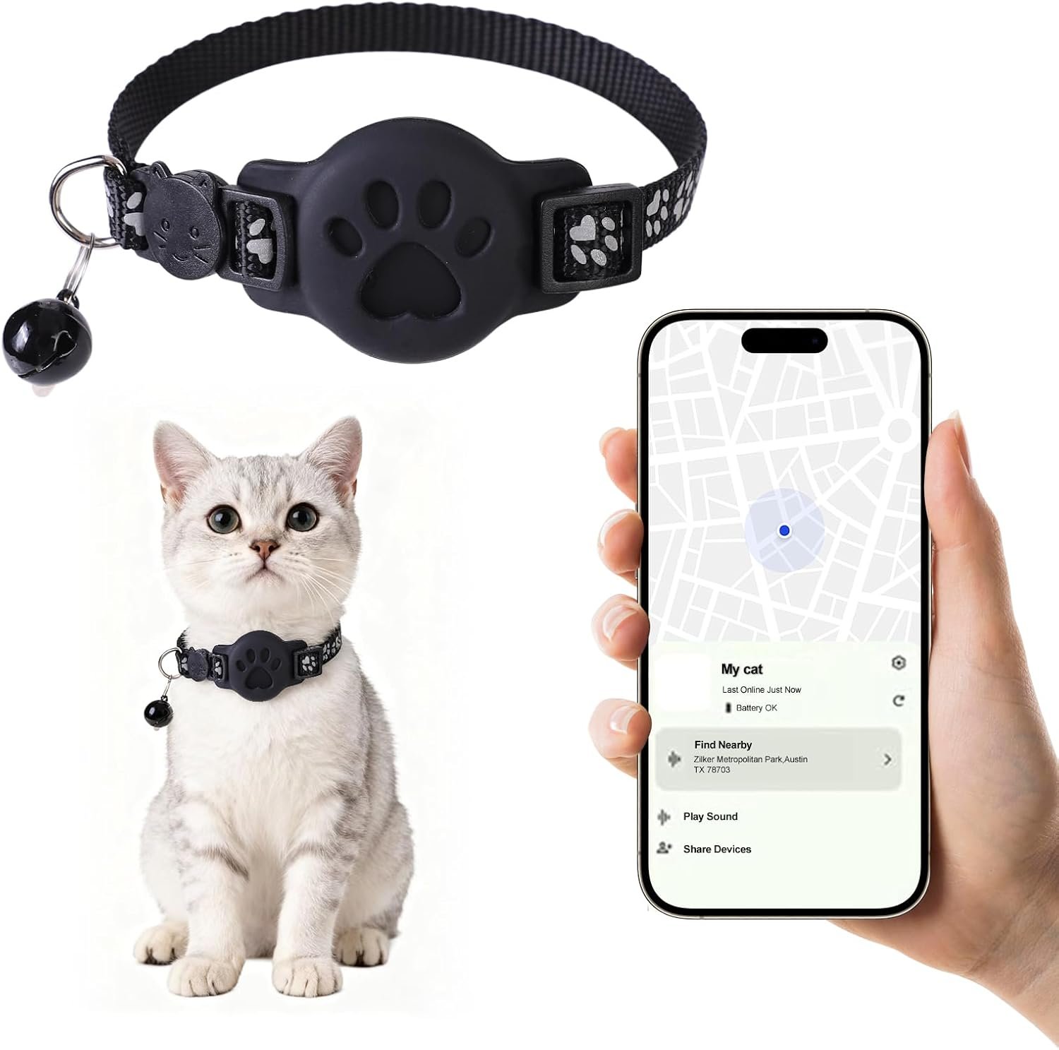 GPS Cat Collar with Bluetooth Tracker Holder – Breakaway Adjustable (7.5-12.6″) for Small Cats for iOS (Findmy App) | No Monthly Fee | Waterproof Lightweight Reflective Pet Tracker