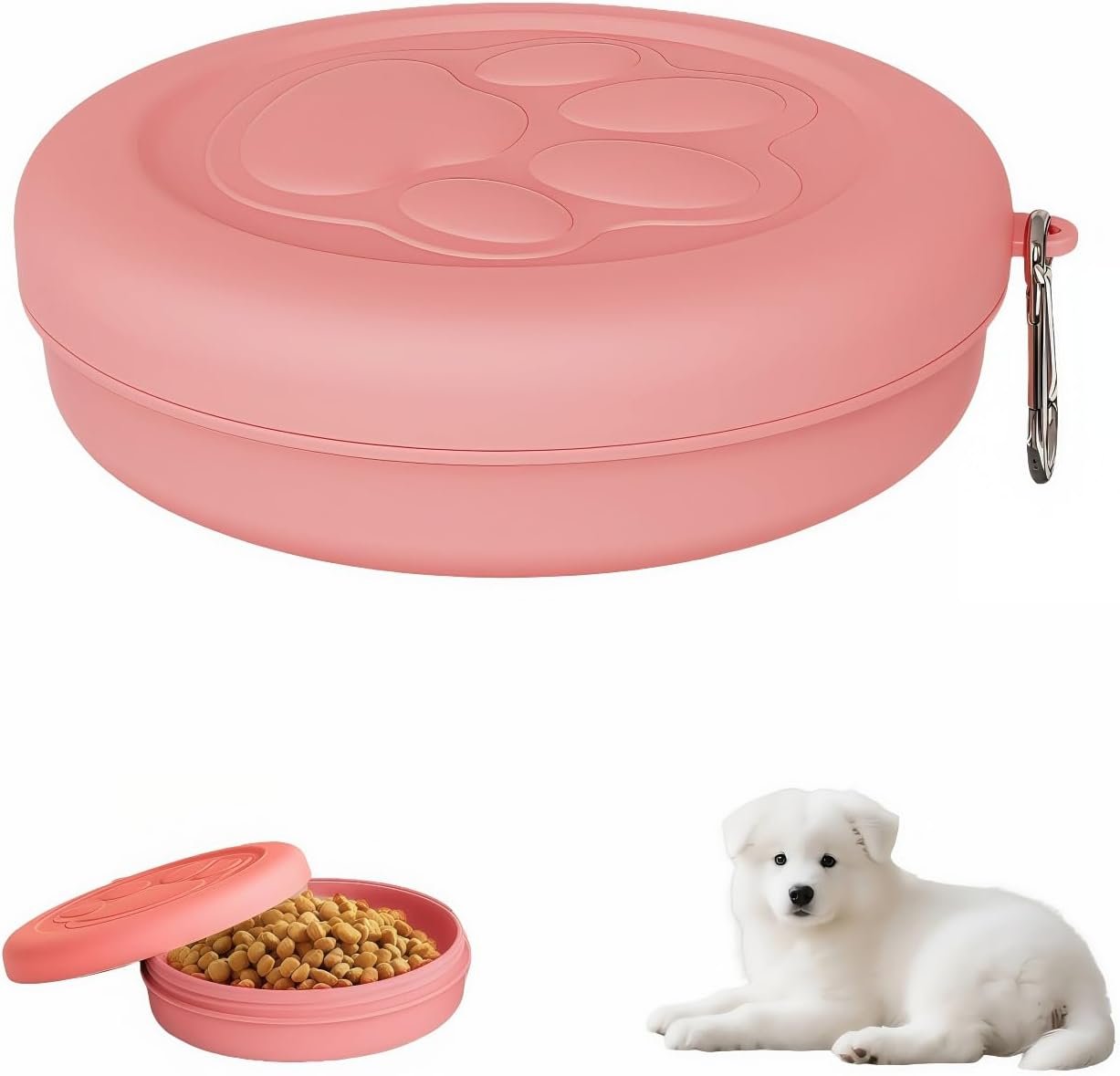 Portable Dog Food & Water Bowl for Travel – Rotating Lock Spill-Proof Pet Dish with Carabiner – BPA-Free Silicone Non Slip Bowl 250ml (Pink, Small)