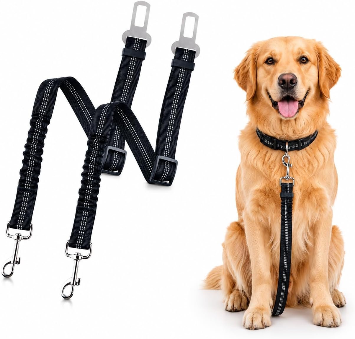 Dog Seat Belt for Car, 2 Pack Adjustable Dog Car – Harness Heavy Duty Nylon Pet Seat Belt with Bungee Buffer & Metal Buckle, Universal Seatbelt Clip, Fits