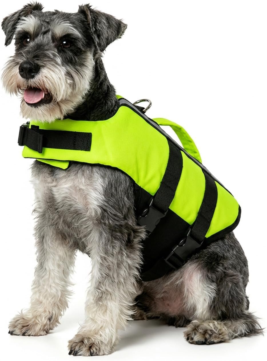 Neon Green Dog Life Jacket for Medium Breed with Rescue Handle, High Visibility & Adjustable Pet Life Vest, Safety Buoyancy Vest for Swimming, Boating, Kayaking & Water Sports, M