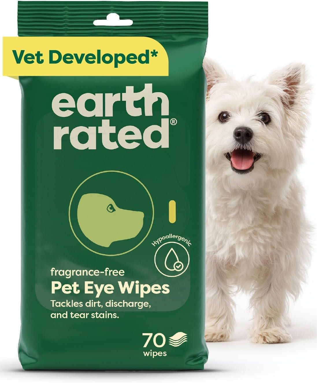 Earth Rated Dog Eye Wipes, Vet Developed, Unscented, Removes Dirt, 70ct
