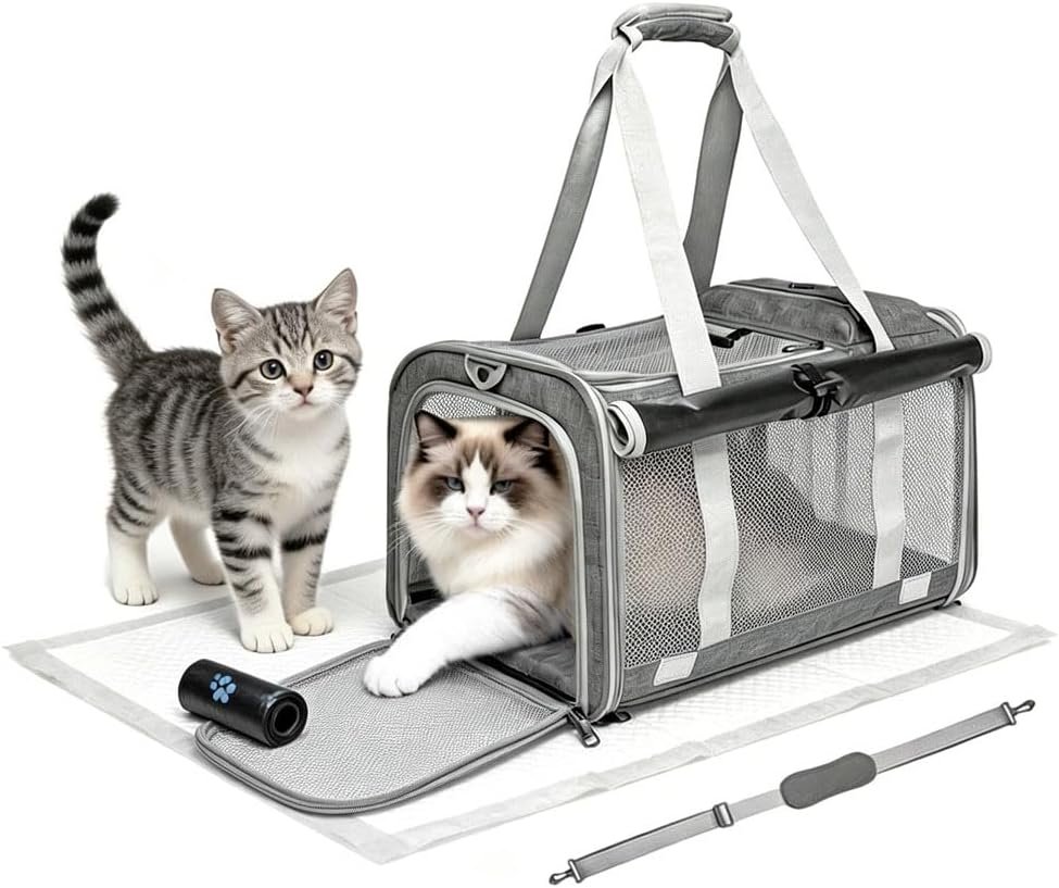 Cat Carrier Soft Sided Dog Carrier Airline Approved Pet Carrier for Small Dog/Cat Bag (17.32″ L×10.63″ W×9.84″ H) with 1 Poop Bags and 5 Pee Pads,Ideal for Medium-Large Cats Small Dogs
