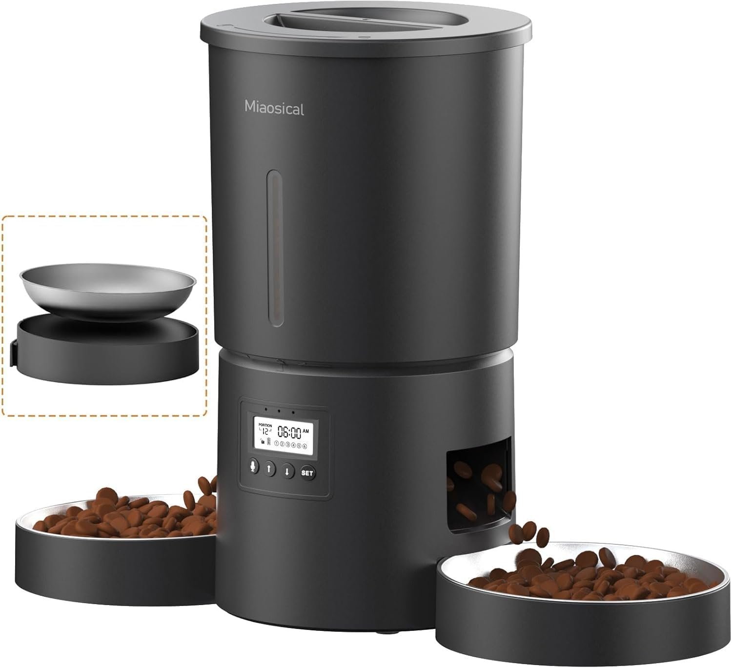 Dual Automatic Cat Feeder 2 Cats, 4.2L Dry Food Auto Dispenser with Double Stainless Steel Bowls,Dual Power Supply,Programmable Portion Control,10s Voice Recorder(Black)