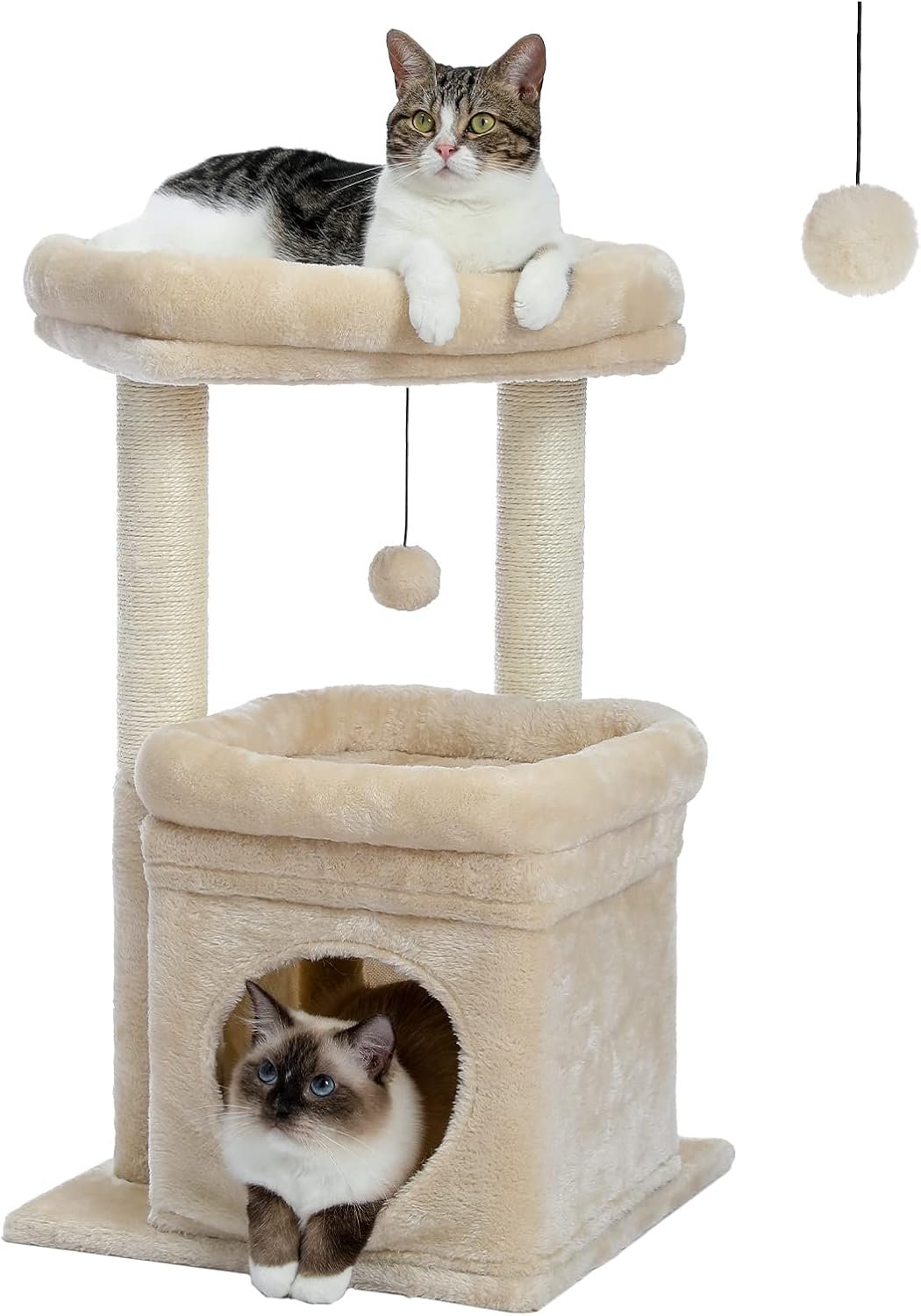 PEQULTI Small Cat Tree Tower for Indoor Cats, Sisal Post & Cozy Condo Beige
