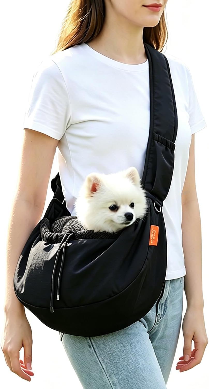 Small Dog Sling Carrier, Hands-Free Breathable Pet Carrier with Adjustable Shoulder Strap, Comfortable Crossbody Puppy Carrier for Small to Medium Dogs & Cats, Travel Walking Bag with Pocket