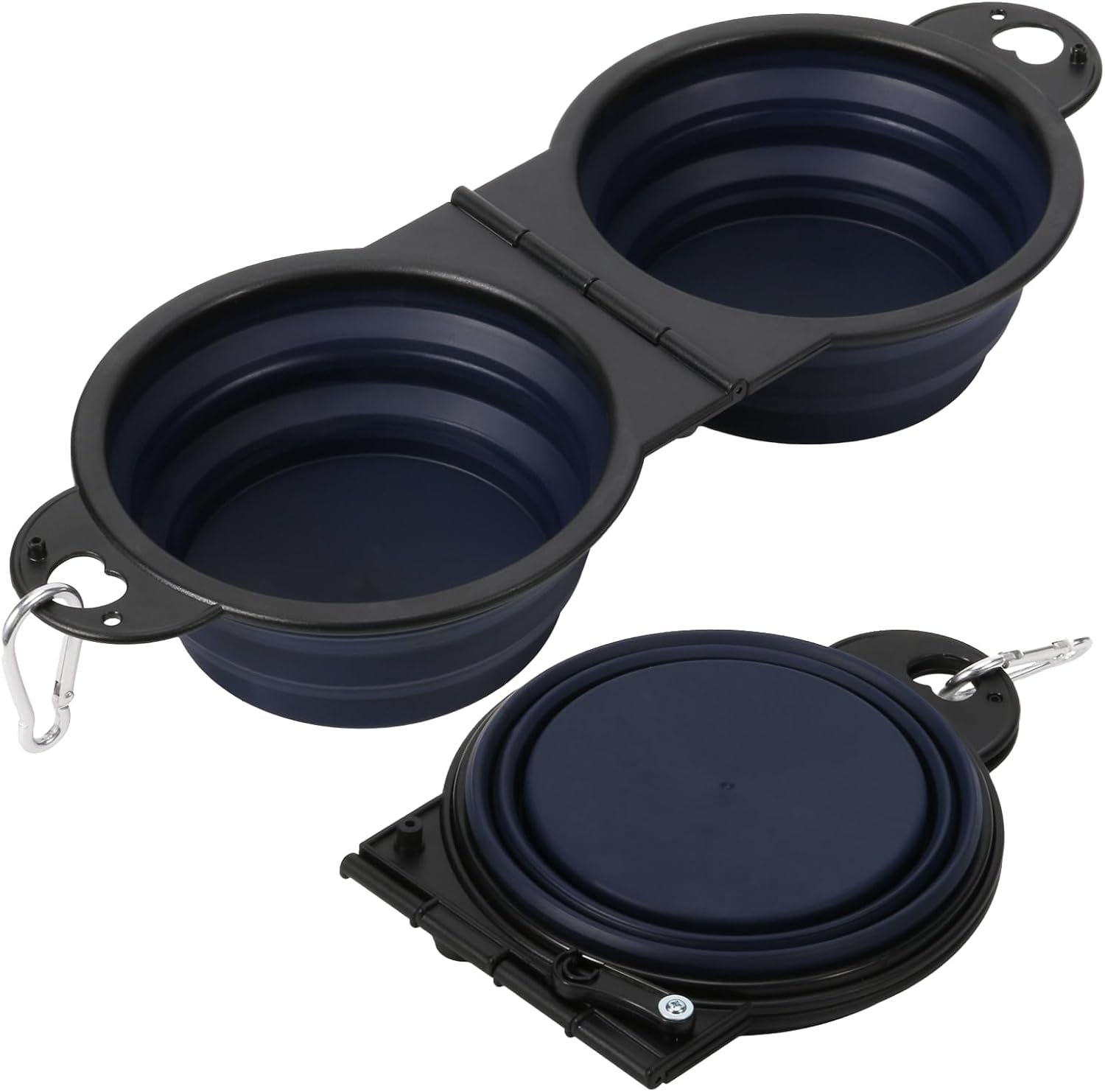 Collapsible Dog Dual Bowls, 2-in-1 with Locking Clip for More Stability 180 Degree Flip Portable Dog Travel Bowl for Water and Food Pet Food Drinker (Dark Blue)