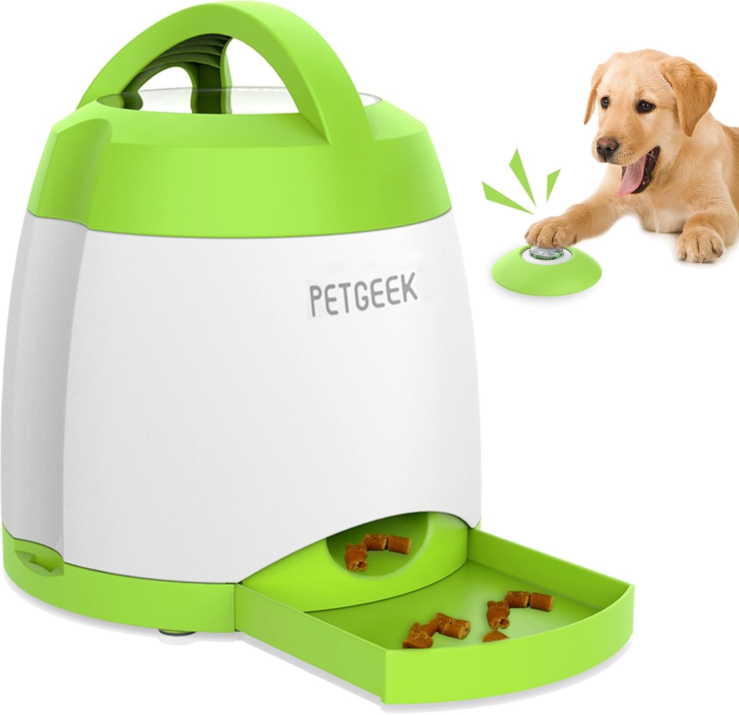 PETGEEK Automatic Dog Treat Dispenser with Button – Puzzle Memory Training Feeder, Pet Geek Button Treat Food Dispensing Toys Interactive, Iq Training Dog Feeder (Green)