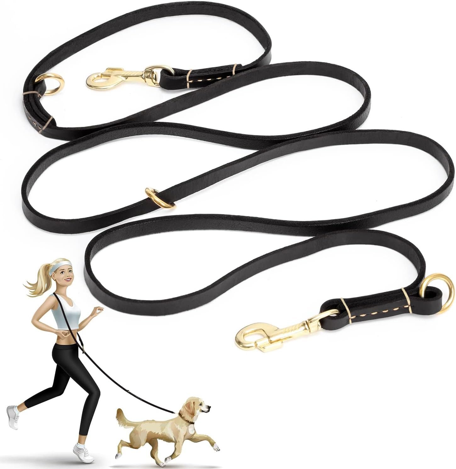 Guiding Star 8ft Leather Dog Leash – Soft Multi-function 6 in 1 Training Walking Leash, Hands Free, Dual, Crossbody for Small, Medium and Large Dogs, Service Dogs, Black