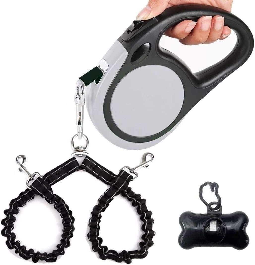 Dual Retractable Dog Leash for 2 Large Dogs (Up to 110 Lbs Each) – 18.5 FT Extendable Double Headed Pet Leash with Poop Bags, Non Slip Grip – One Button Break & Lock, 360 Tangle-Free (Gray, Large)