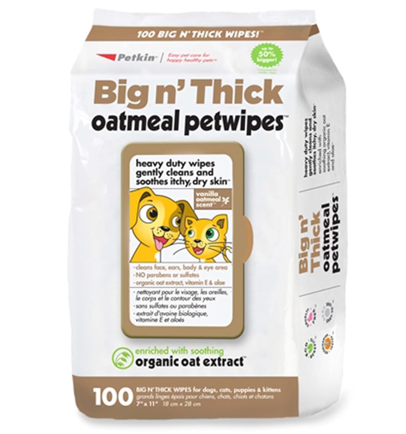Petkin Pet Wipes for Dogs and Cats, Oatmeal, 100 Wipes (Large) for Dogs and Cats – Soothes Itchy Dry Skin and Cleans Ears, Face, Butt, Body and Eye Area – Idea for Home and Travel
