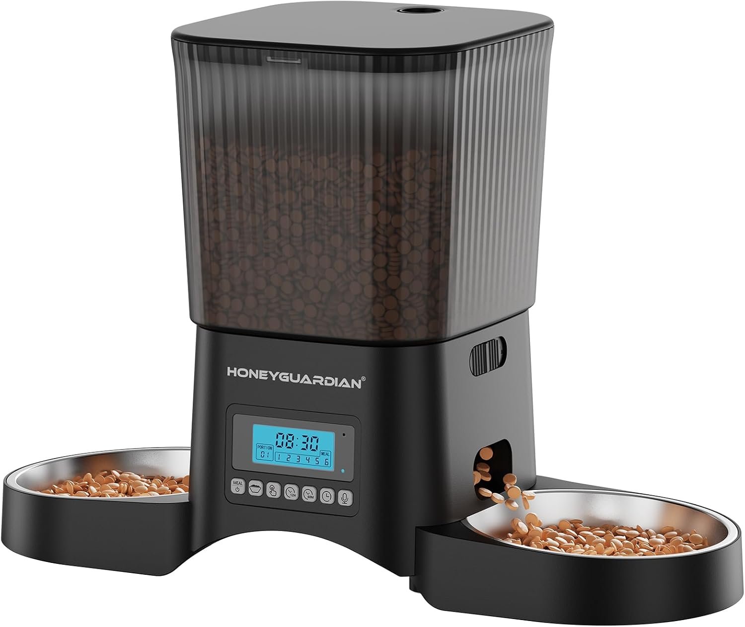 HoneyGuardian Automatic Cat Feeder for 2 Cats, Automatic Cat Food Dispenser, Timed Pet Feeder for Cats and Dogs, Desiccant Bag, Programmable Portion Control,10s Voice Recorder