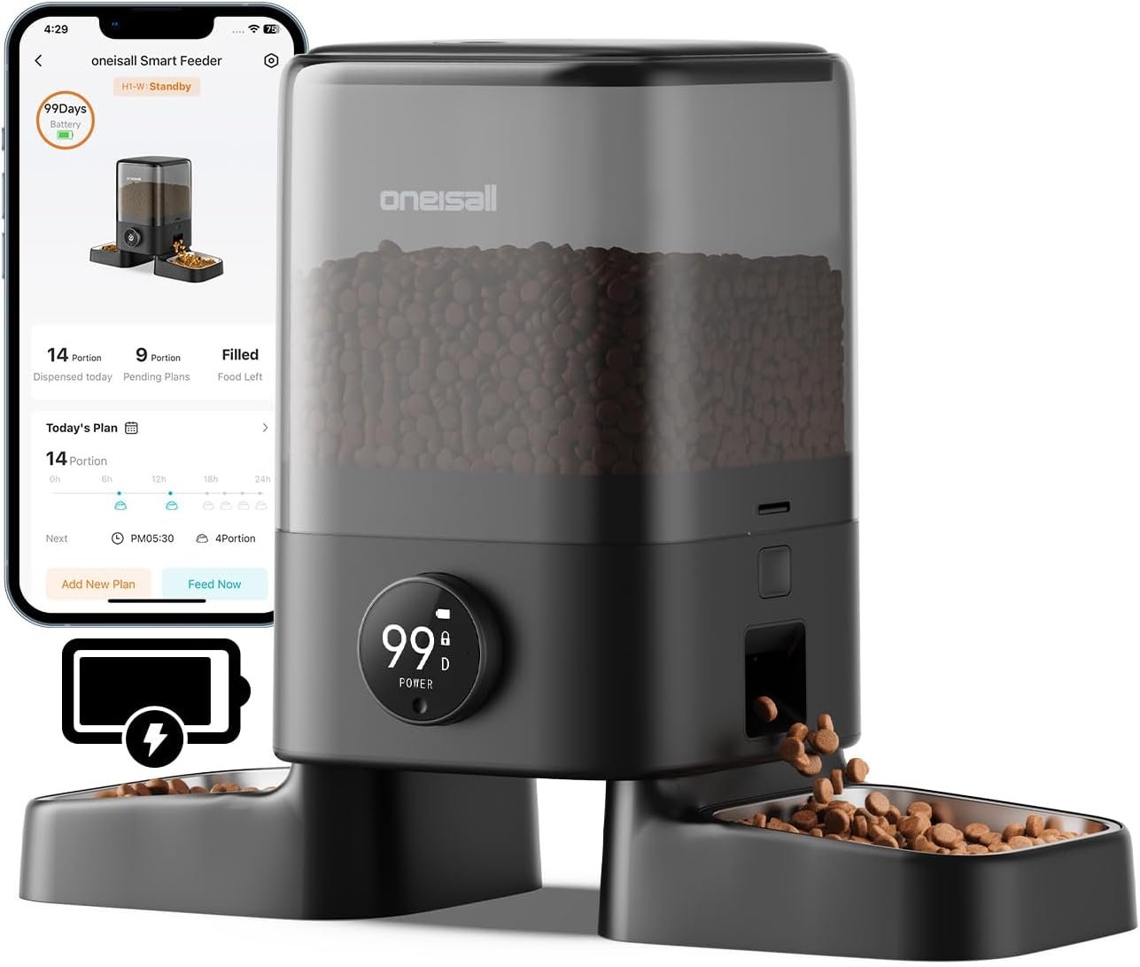 oneisall 2.4G Cordless Automatic Cat Feeder, 20 Cups/5L