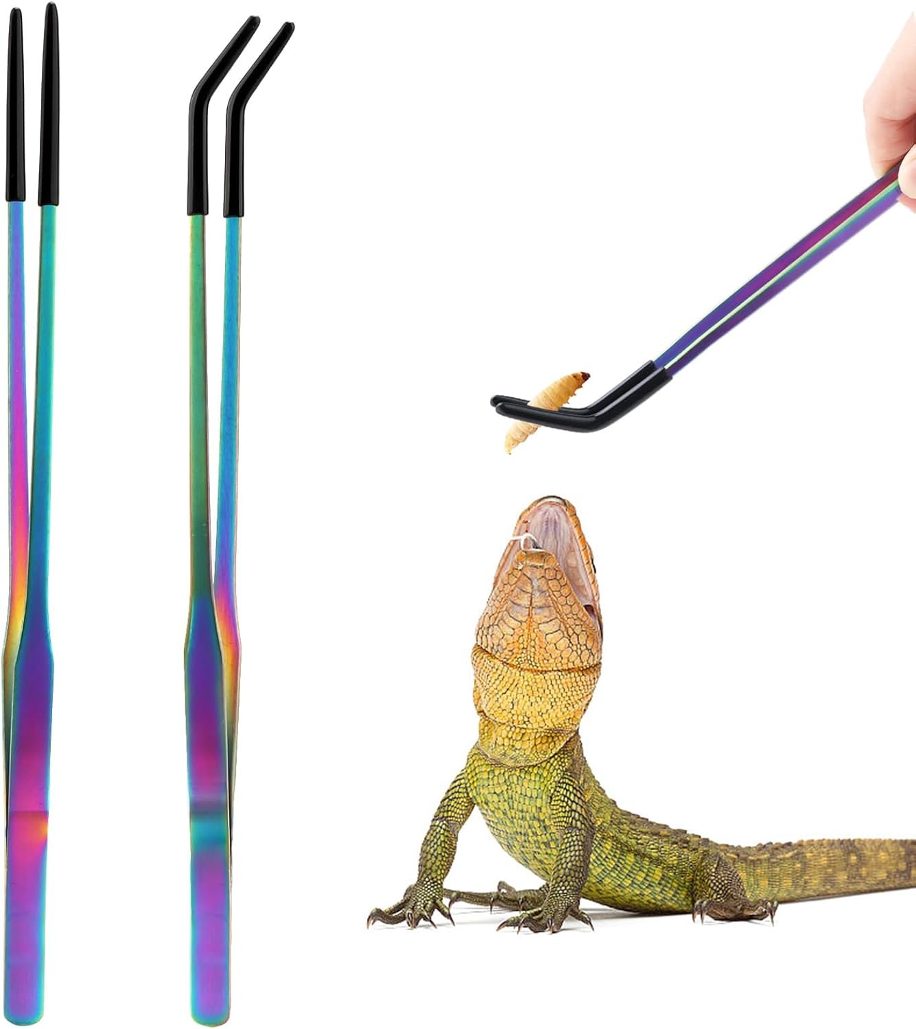 OLIISS Iridescent Reptile Feeding Tongs with Rubber Tips, 10.6″, 2 Pack