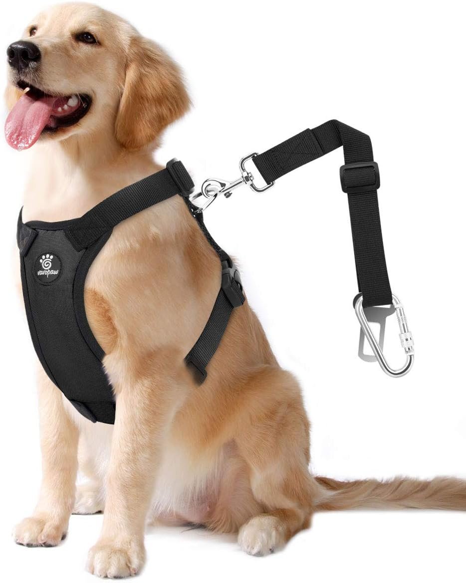 VavoPaw Dog Seat Belt Vest Harness for Car, 2 in 1 Seatbelt Buckle | Soft Breathable Mesh, Adjustable Buckle, Nylon, Heavy Duty Pet Safety Seat Belts for Small Medium Large Pets, Black, L