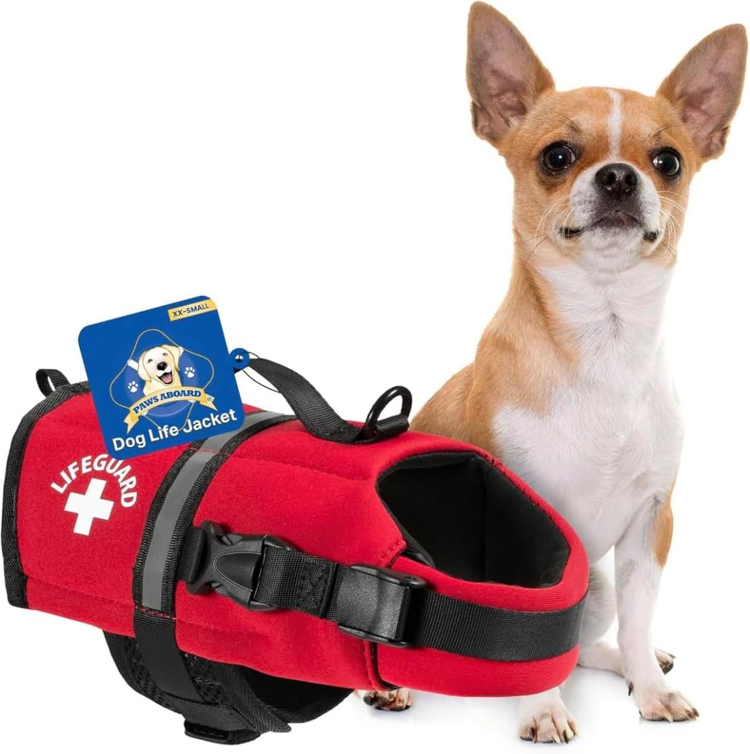 Dog Life Jacket — Premium Swim Vest with SafeChin Anti-Choke Collar | PAWS Aboard Red | RapidLift Rescue Handle, D-Ring, Reflective Trim | Boating, Kayaking, Pool | XX-Small (Under 6 lbs)