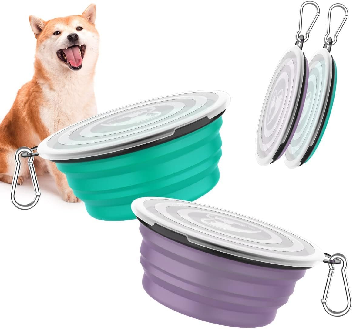 Pawaboo Collapsible Travel Dog Bowls 2 Pack with Lids&Carabiners Silicone