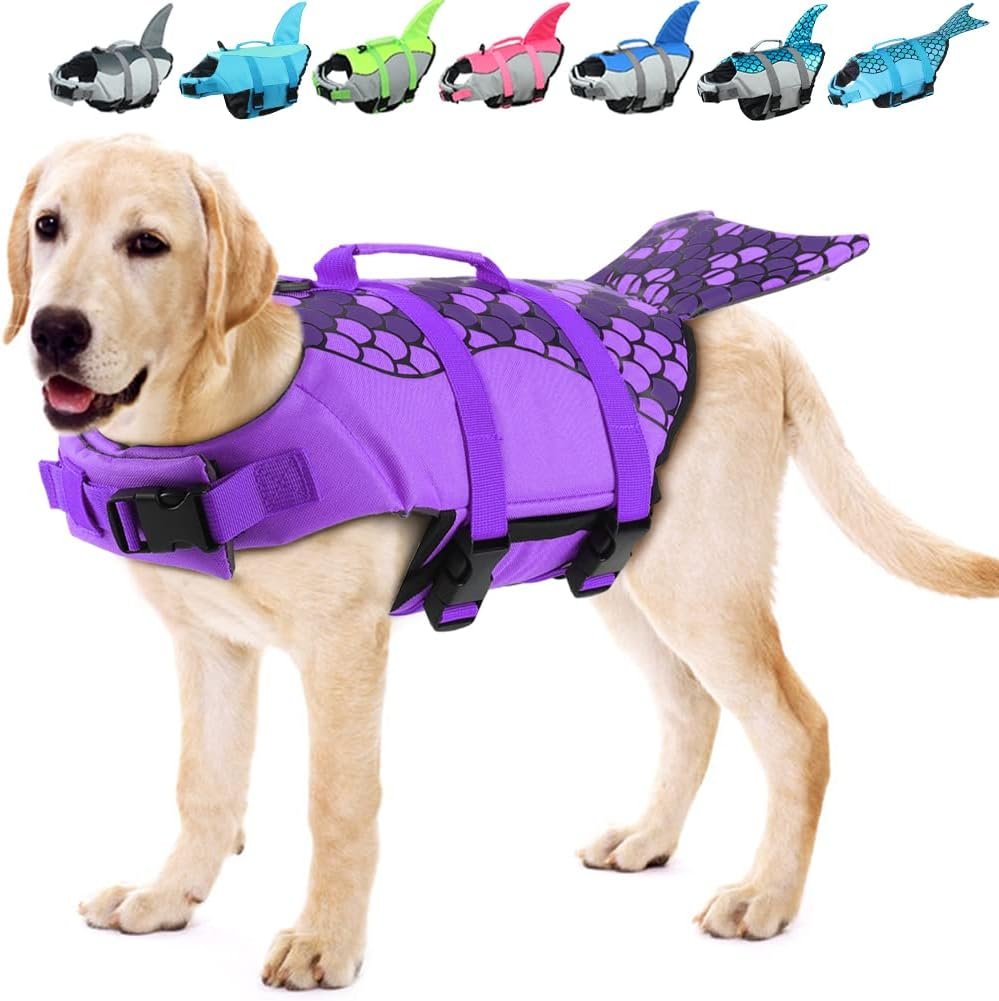EMUST Dog Life Jacket Mermaid, Ripstop Dog Life Vests with Rescue Handle for Small Medium and Large Dogs, Pet Safety Swimsuit Preserver for Swimming Pool Beach Boating, PurpleMermaid, XS