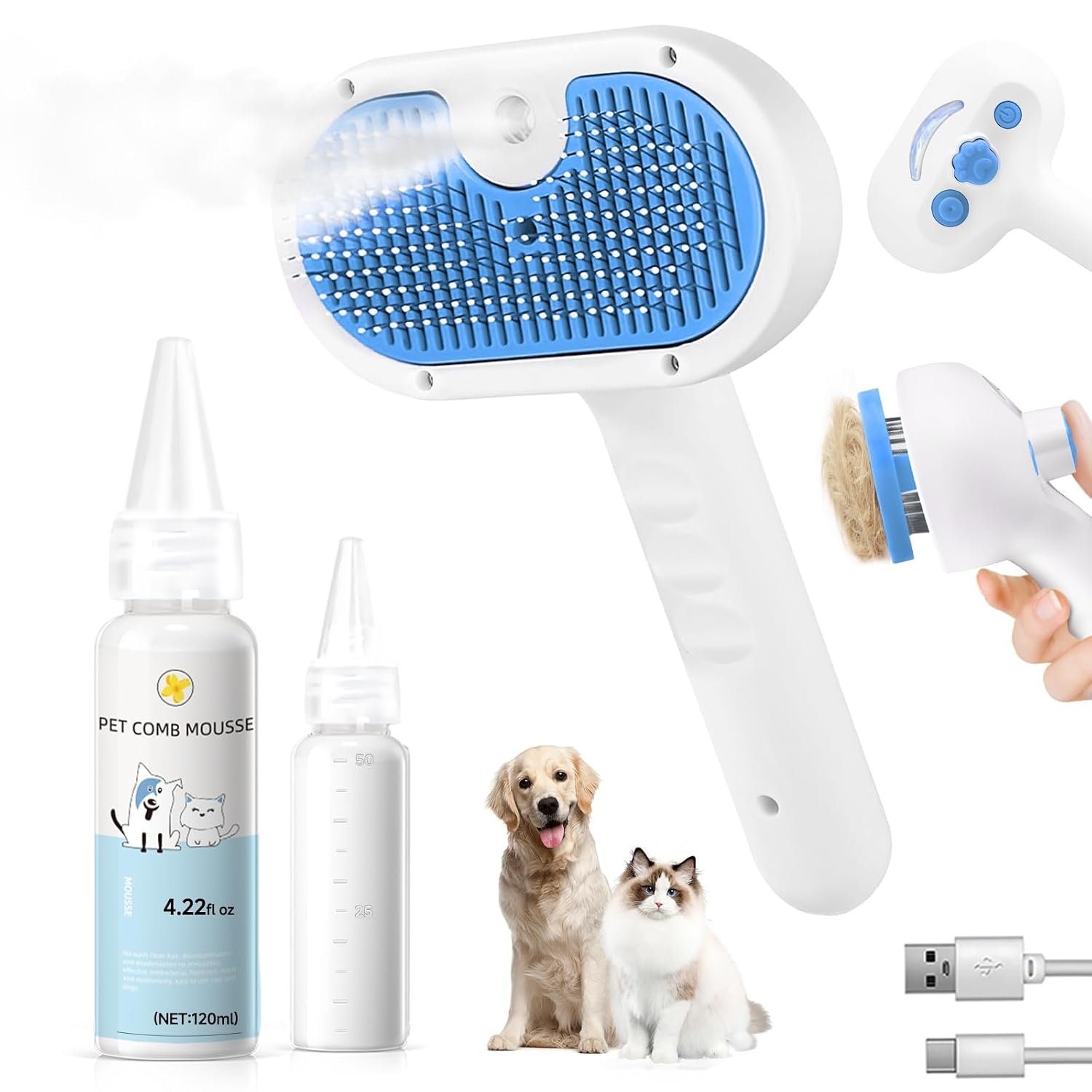 Pet Steam Brush for Dogs & Cats, 3-in-1 Shedding Grooming Tool