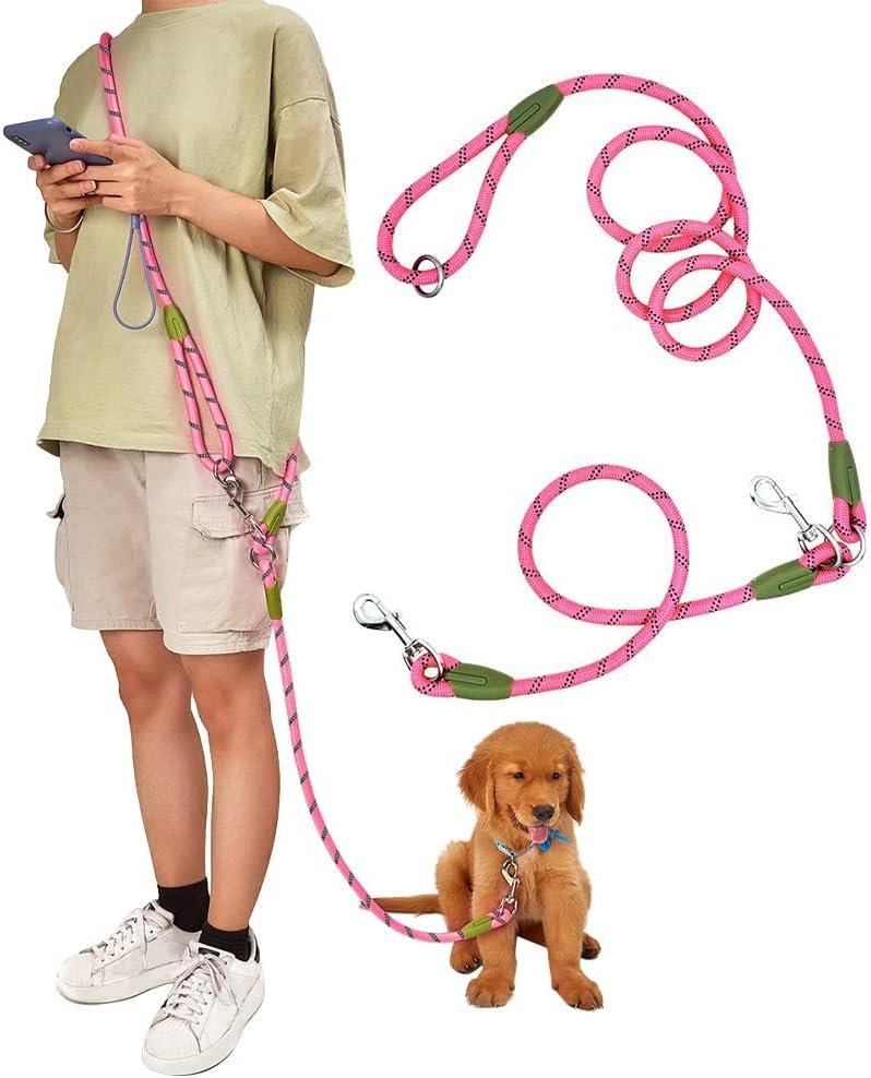 Hands Free Dog Leash Crossbody Dog Running Leash Handsfree Pet Rope for Hiking Training Heavy Duty Reflective Pet Walking Belt (Pink)